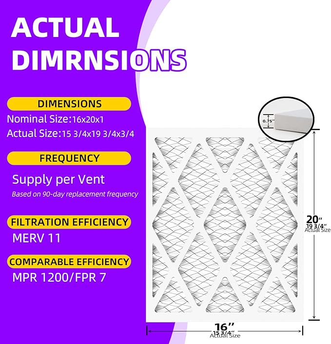 16x20x1 MERV 11 (6-Pack) Pleated Air Filter (Actual Size: 15.75x19.75x0.75") MPR 1200 & FPR 7, Furnace Air Filters