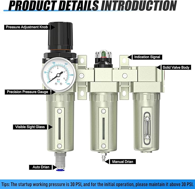 1/2" NPT Heavy Duty Industrial Grade 3 Stage Air Drying System, Auto Drain, Coalescing Filter, Particulate Filter, Desiccant Dryer and Air Regulator For Plasma Cutter and Paint Spray