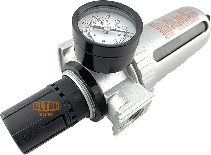 1/2" NPT Mid Flow Compressed Air In Line Filter Regulator Combo Piggyback, Poly Bowl And Metal Body, 5 Micron Element, Adjustable From 7 to 145 PSI (AUTO DRAIN)