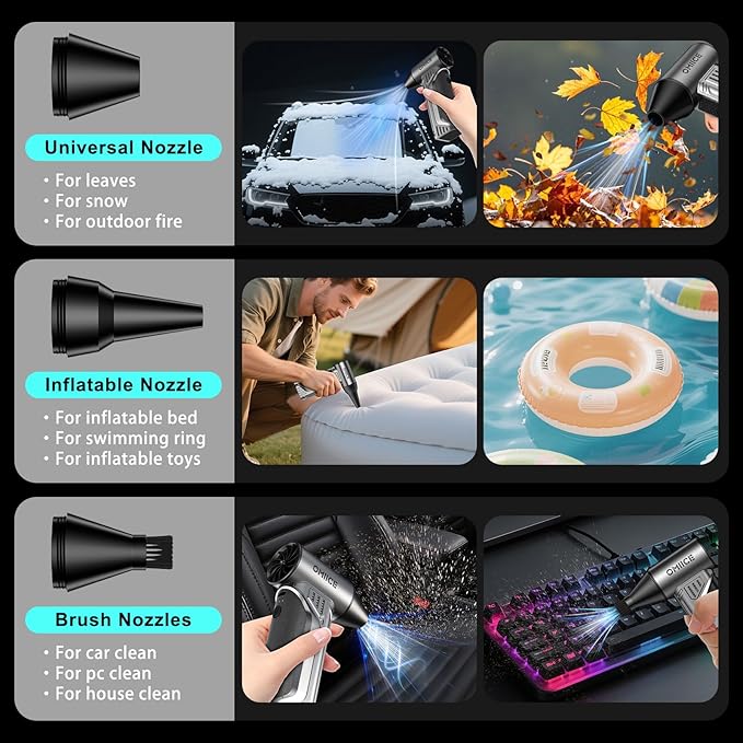 Compressed Air Duster 180000RPM, Electric Air Duster with 3 Gears Adjustable, Powerful Cordless Dust Cleaner with Rechargeable 10000mAh Battery for Keyboard/PC/Car/Outdoor/Air Bed with Brush