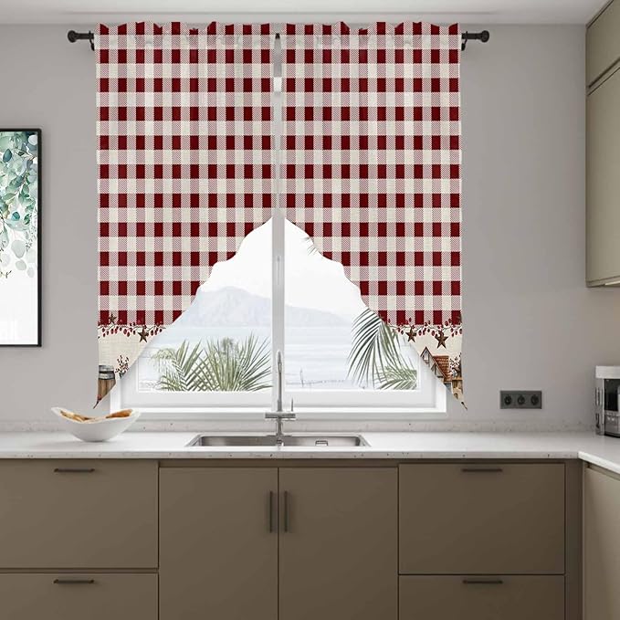 Swag Curtain Valances for Kitchen Windows,Farm Barn Western Star on Vintage Short Rod Pocket Window Valance,Red Buffalo Plaid Swag Topper for Bedroom Living Room,2 Panels 36x63in