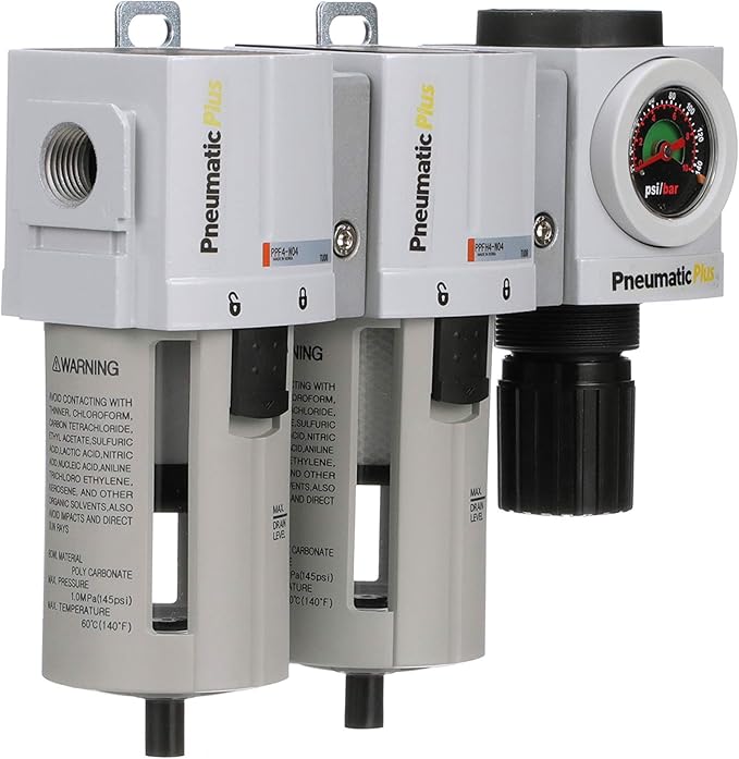 PneumaticPlus PPC4C-N04G StageAir Drying System- Air Particulate 5 Micron Filter, 0.3 Micron Coalescing Filter & Air Pressure Regulator Combo 1/2" NPT,Poly Bowl-Guard, Manual Drain,Embedded Gauge