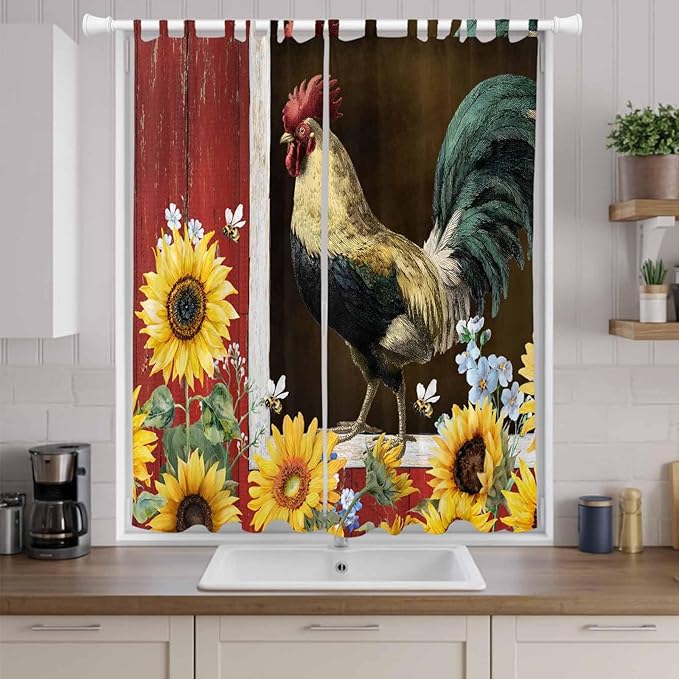 Chicken Sunflowers Living Room Curtains 84 Inch Length, Window Curtains Tab Top, Farmhouse Animals Red Barn Bees Light Filtering Window Treatments Drapes 52"x84" 2 Panel