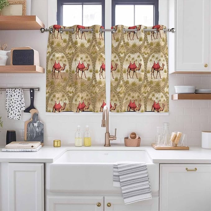 2 Panel Kitchen Cafe Curtains, Desert Camels Sunlight Filtering Nature Air Through, Home Decor Window Covering Tier Curtains for Living Room 104W x 52L inch Tropical Palm Trees Sand Cords Brown