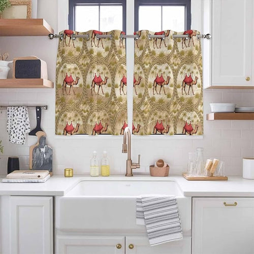 2 Panel Kitchen Cafe Curtains, Desert Camels Sunlight Filtering Nature Air Through, Home Decor Window Covering Tier Curtains for Bedroom Living Room Tropical Palm Trees Sand Cords Brown
