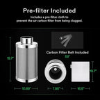 VIVOSUN 8 Inch Air Carbon Filter Smelliness Control with Australia Virgin Charcoal for Inline Duct Fan, Grow Tent,Pre-Filter Included, Reversible Flange 8"x 20"