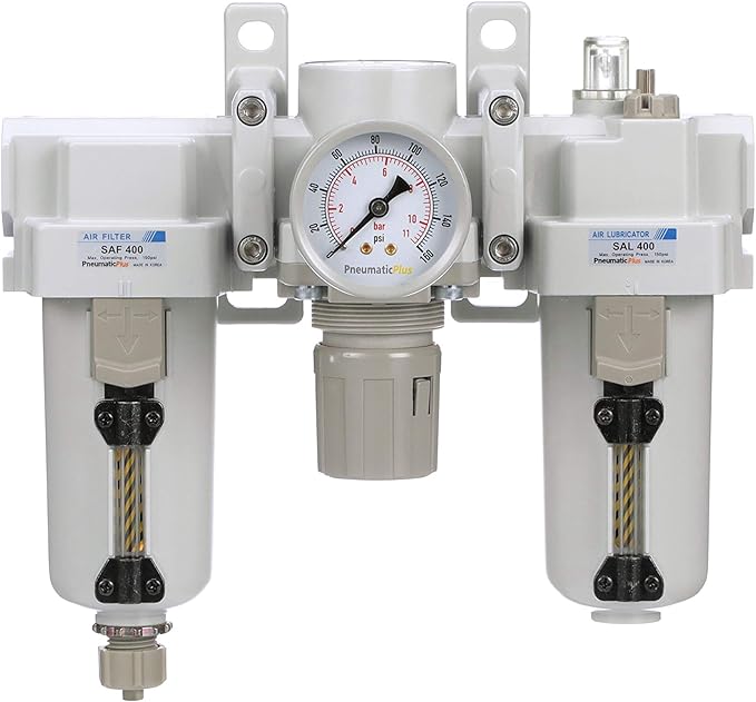PneumaticPlus SAU400-N06G-MEP Compressed Air Filter Regulator Lubricator Combo 3/4" NPT - Metal Bowl, Manual Drain, Bracket, Gauge