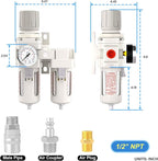 1/2" NPT Air Drying System, Double Air Filters with 150 PSI Gauge and Valve Shut Off Switch for Plasma Cutter and Paint Spray, Manual Drain