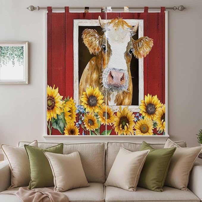 Cows Sunflowers Living Room Curtains 84 Inch Length, Window Curtains Tab Top, Spring Floral Bees Farmhouse Barn Light Filtering Window Treatments Drapes 42"x84" 2 Panel