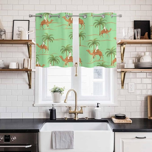 2 Panel Kitchen Cafe Curtains, Desert Camels Sunlight Filtering Nature Air Through, Home Decor Window Covering Tier Curtains for Living Room 55W x 39L inch Tropical Date Palm Trees Animal Green