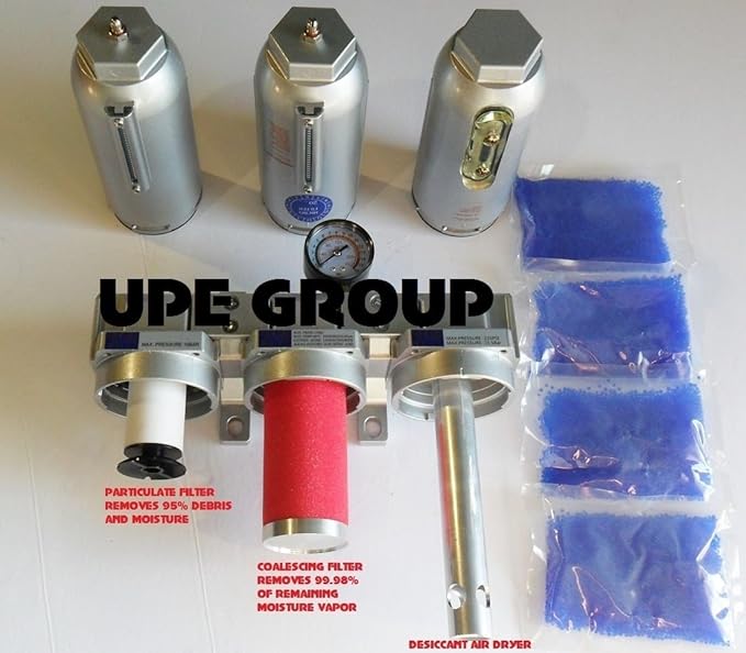HEAVY DUTY INDUSTRIAL 3 STAGE COMPRESSED AIR CLEANER MOISTURE TRAP, COALESCING FILTER, DESICCANT DRYER (3/4" MANUAL DRAIN)