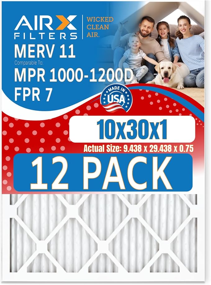 10x30x1 Air Filter MERV 11 Rating, 12 Pack of Furnace Filters Comparable to MPR 1000, MPR 1200 & FPR 7 - Made in USA by AIRX FILTERS WICKED CLEAN AIR.