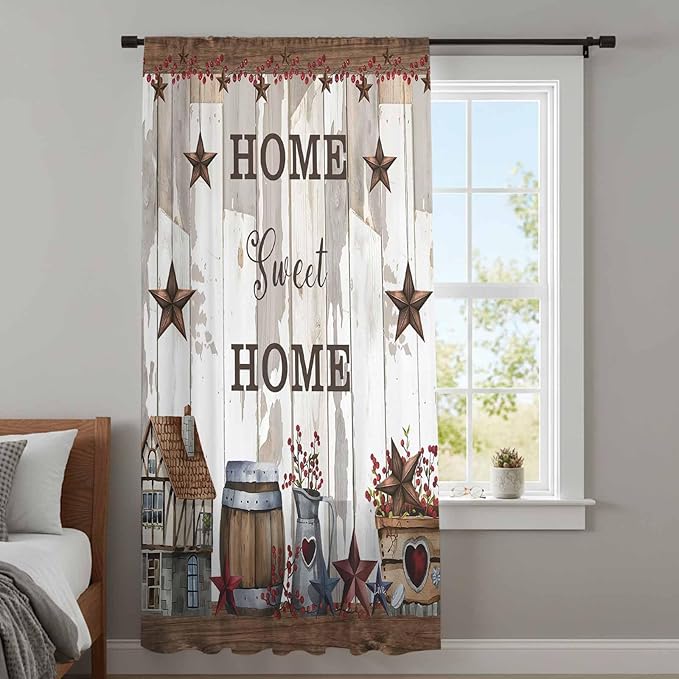 Farmhouse Sheer Curtains 108 Inch Length Retro Country Star Berry Vintage Wood Grain Chiffon Curtain for Bedroom Living Room Light Filtering Rod Pocket Window Treatments Voile Curtains Drapes