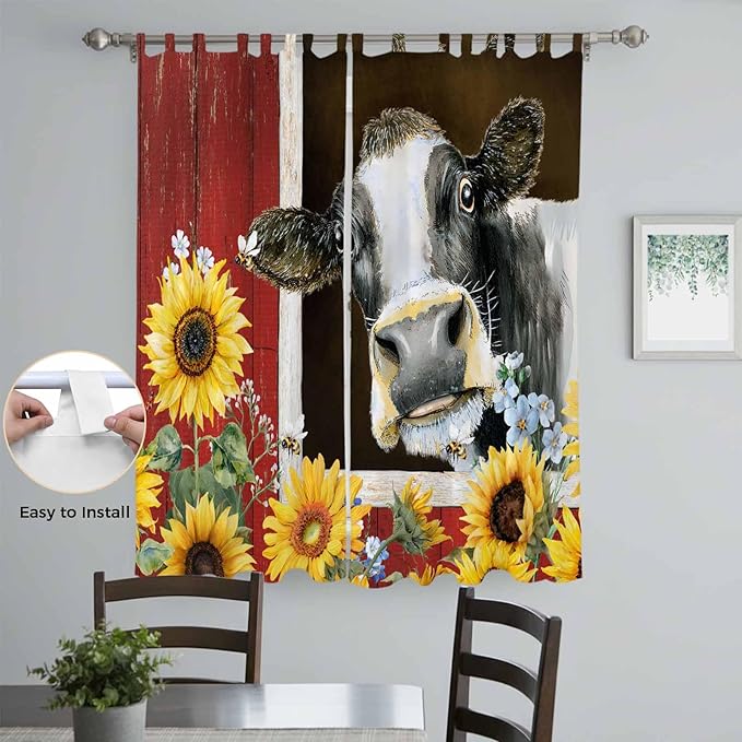 Cows Sunflowers Living Room Curtains 96 Inch Length, Window Curtains Tab Top, Rustic Farms Barns Flowers Bees Animals Light Filtering Window Treatments Drapes 52"x96" 2 Panel