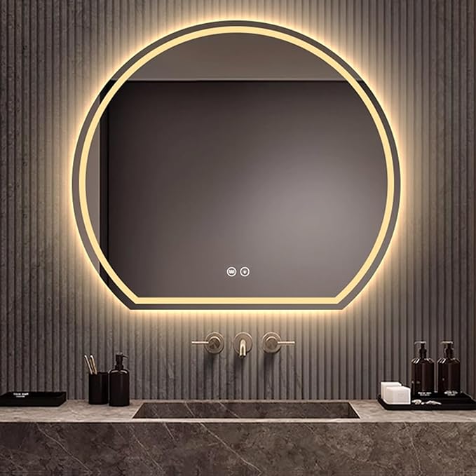 Bathroom Mirror with 3 Colour LED Lights, Wall Mounted Bathroom Vanity Mirror, Demister Heat Pad/Dimming Function/Touch Switch Smart Mirror(A,35.4"x31.8"/90x81cm)