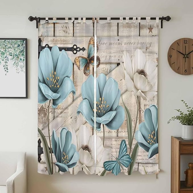 Teal Blue Tulips Living Room Curtains 84 Inch Length, Window Curtains Tab Top, Spring Floral Barn Doors Vintage Wood Beige Light Filtering Window Treatments Drapes 52"x84" 2 Panel