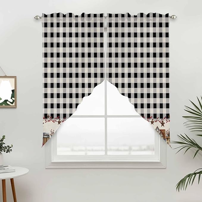 Swag Curtain Valances for Kitchen Windows,Farm Wooden House Black Buffalo Plaid Short Rod Pocket Window Valance,Western Star Swag Topper for Bedroom Living Room,2 Panels 36x63in