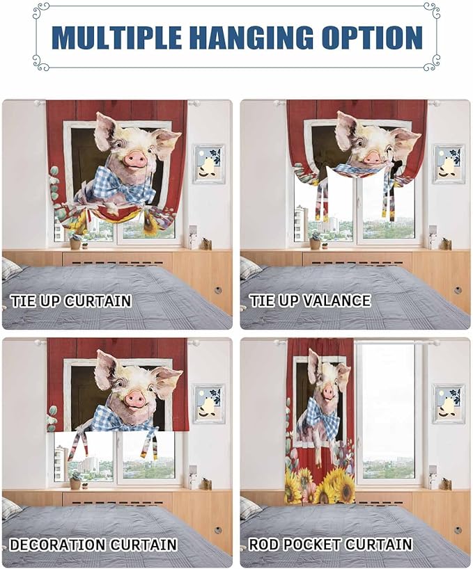 Tie Up Curtains for Windows, Pig Sunflowers Adjustable Balloon Nature Linen Textured Kitchen Curtain, Eucalyptus Leaves Floral Bees Red Barn Decorative Tie Up Curtain for Window, 52" x 45"