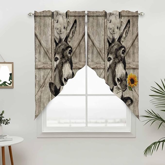 Funny Farm Animals Swag Valances for Windows, Vintage Barn Brown Sunflowers Rod Pocket Kitchen Curtains Valance, Kitchen Window Curtains Swag for Cafe Bathroom Living Room, 2 Panels, 36x45 inch