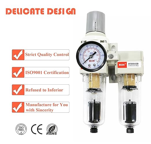 RIH Pneumatics 1/4'' NPT Auto Drain Compressed Air Double Filter & Regulator, Air Drying System, Air Compressor Water Separator, Poly Bowl,0-150 psi Gauge, 5 Micron Brass Element (1/4 NPT) AC2011-02D