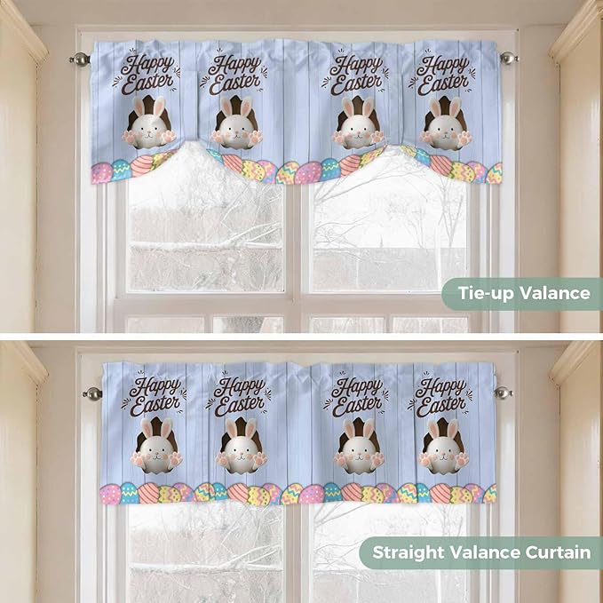 Blue Easter Tie Up Valance Curtains for Windows, Kitchen Curtains Window Shades, Spring Cartoon Bunny Colorful Eggs Wood Grain Light Filtering Roman Curtain Valances for Bedroom/Bathroom/Cafe 42"x12"