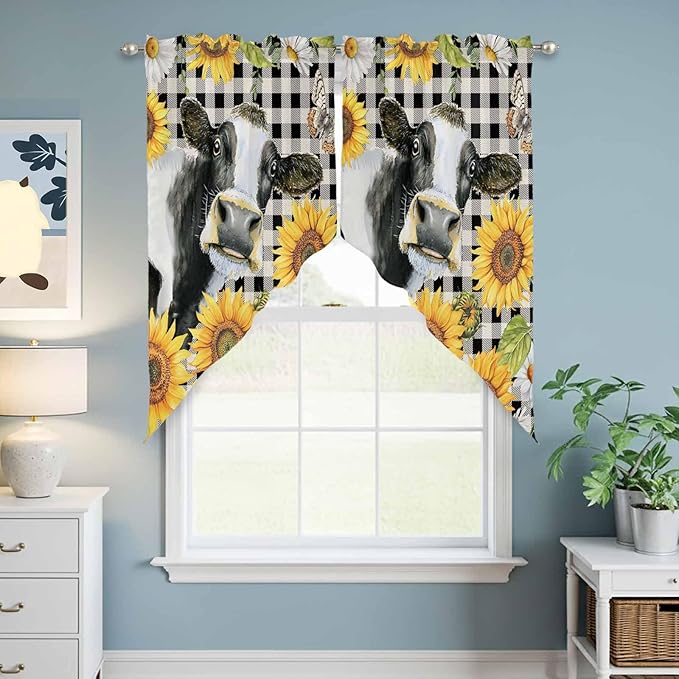 Retro Sunflowers Swag Valances for Windows, Farmhouse Floral Cow Butterfly Black Plaid Rod Pocket Kitchen Curtains Valance, Kitchen Window Curtains Swag for Cafe Living Room, 2 Panels, 36x63 inch