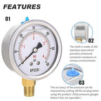 0-60 Psi Glycerin Liquid Filled Low Pressure Gauge, 2.5" Dial Size, 1/4" NPT Lower Mount, 304 Stainless Steel Case, for Water Oil Air Pressure Test, Refrigeration Systems(Such as Evaporators)