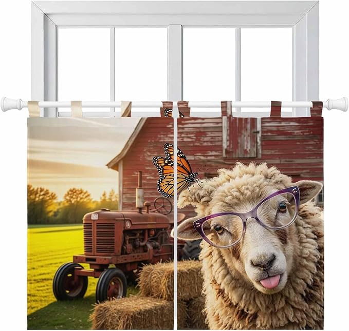 Farm Sheep Bedroom Curtains 63 Inch Length, Window Curtains Tab Top, Farmhouse Barn Funny Animals Butterfly Light Filtering Window Treatments Drapes 42"x63" 2 Panel