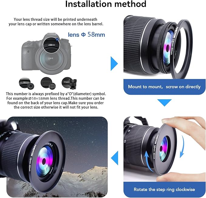 58mm Lens to 82mm Camera Filters Ring Compatible All 58mm Camera Lenses to 82mm UV CPL ND Filter Accessory and 82mm Lens Hood(58-82mm)