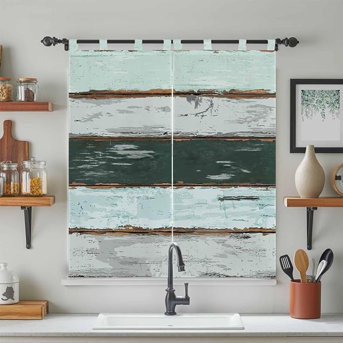 Blue Teal Bathroom Curtains 63 Inch Length, Window Curtains Tab Top, Vintage Wooden Retro Art Farmhouse Barns Light Filtering Window Treatments Drapes 52"x63" 2 Panel