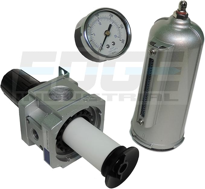 Heavy Duty Compressed AIR Filter Regulator Combo Piggyback, Metal Bowl, Visible Sight Glass, 5 Micron Element (3/4" Manual Drain)