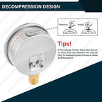 MEASUREMAN 2-1/2" dial,Glycerin Filled, Stainless Steel case, Brass Inside, 30inHg/-100kpa-0-30psi/200kpa,1/4" NPT Lower Mount