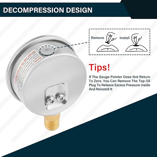 MEASUREMAN Lead-Free Pressure Gauge, 2-1/2inch Dial, Glycerin Filled, 0-60psi/kpa, Stainless Steel Case, 1/4inchNPT Lower Mount