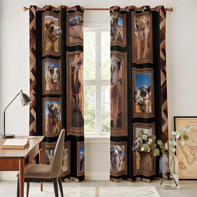 2 Panel Kitchen Cafe Curtains, Desert Camels Sunlight Filtering Nature Air Through, Home Decor Window Covering Tier Curtains for Living Room 80W x 84L inch Brown Wildlife Farmhouse Animals Rustic