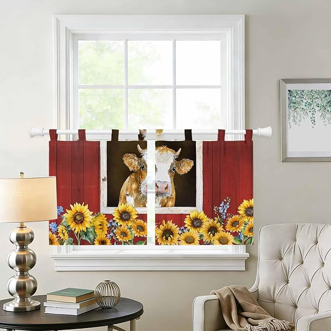 Cows Sunflowers Kitchen Curtains 36 Inch Length, Small Window Curtains Tab Top, Spring Floral Bees Farmhouse Barn Light Filtering Short Window Treatments Tier Drapes 27.5"x36" 2 Panel