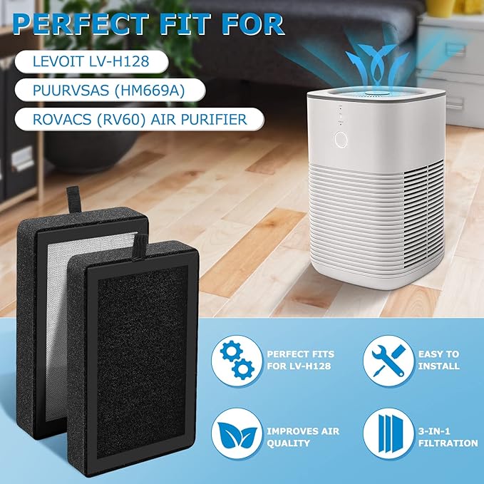 4 Pack LV-H128 Replacement Filter Compatible with LEVOIT LV-H128 / PUURVSAS (HM669A) / ROVACS (RV60) Air Purifiers, 3-IN-1 Filter for LV-H128-RF Replacement Filter