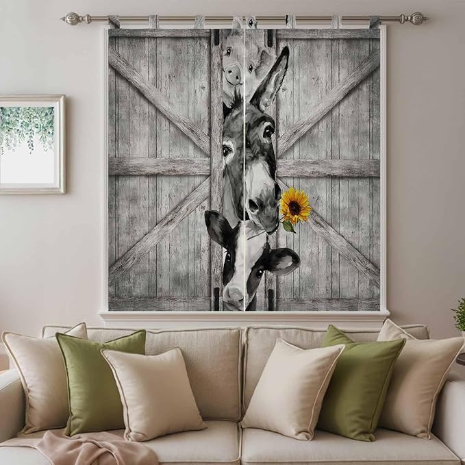 Funny Farm Animals Bedroom Curtains 72 Inch Length, Window Curtains Tab Top, Vintage Barn Grey Sunflowers Light Filtering Window Treatments Drapes 52"x72" 2 Panel
