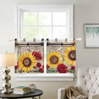 Sunflowers Kitchen Curtains 36 Inch Length, Small Window Curtains Tab Top, Retro Flower Barn Doors Butterfly Farmhouse Brown Light Filtering Short Window Treatments Tier Drapes 27.5"x36" 2 Panel
