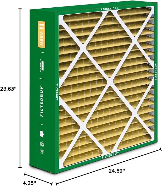 Filterbuy 24x25x5 Air Filter MERV 11 Superior Pet & Allergy Defense (2-Pack), Electrostatic Pleated HVAC AC Furnace Filters for Carrier FILXXCAR0024, Maytag & More (Actual Size: 23.63 x 24.69 x 4.25)