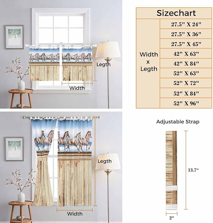 Western Horse Kitchen Curtains 24 Inch Length, Small Window Curtains Tab Top, Farmhouse Wooden Grain Vintage Cowboy Barn Door Light Filtering Short Window Treatments Tier Drapes 27.5"x24" 2 Panel