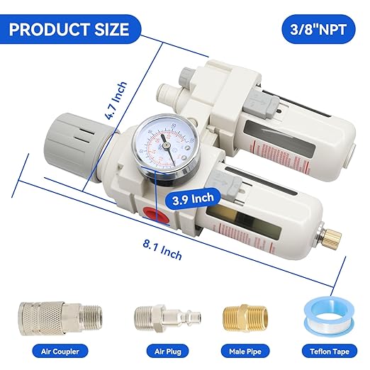 3/8"-Air-Dryer-for-Compressor, Air-Compressed-Filter-Regulator Lubricator Combo Water-Oil Trap Separator, NPT Semi-Auto Drain 0-150PSI
