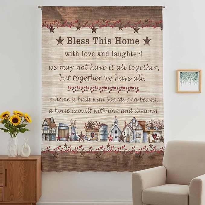 Farmhouse Sheer Curtains 84 Inch Length Brown Country Star Berry Vintage Wood Grain Chiffon Curtain for Bedroom Living Room Light Filtering Rod Pocket Window Treatments Voile Curtains Drapes