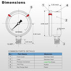 0 to 100 Psi Lead-Free Pressure Gauge, Glycerin Liquid Filled, 2.5 inch Dial, 1/4" NPT Lower Mount, Stainless Steel Case, for Water Pump, Pneumatic Air, Well Tank, RV Hose, Gas, Pressure Test