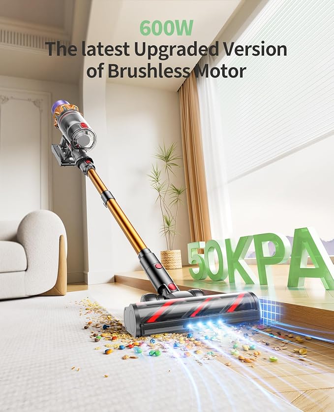 SunSare X7A Cordless Vacuum Cleaner, Upgraded 550W/45Kpa Cordless Stick Vacuum Cleaner with Touch Screen, Up to 60Mins,Wall Mount Charging,1.5L Cup,Wireless Vacuums for Pet Hair,Carpets,Hard Floors
