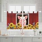 Pigs Sunflowers Kitchen Curtains 24 Inch Length, Small Window Curtains Tab Top, Farmhouse Red Barn Flowers Animals Light Filtering Short Window Treatments Tier Drapes 27.5"x24" 2 Panel
