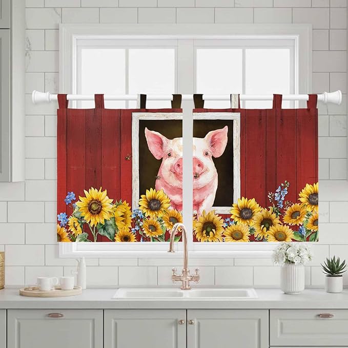 Pigs Sunflowers Kitchen Curtains 24 Inch Length, Small Window Curtains Tab Top, Farmhouse Red Barn Flowers Animals Light Filtering Short Window Treatments Tier Drapes 27.5"x24" 2 Panel