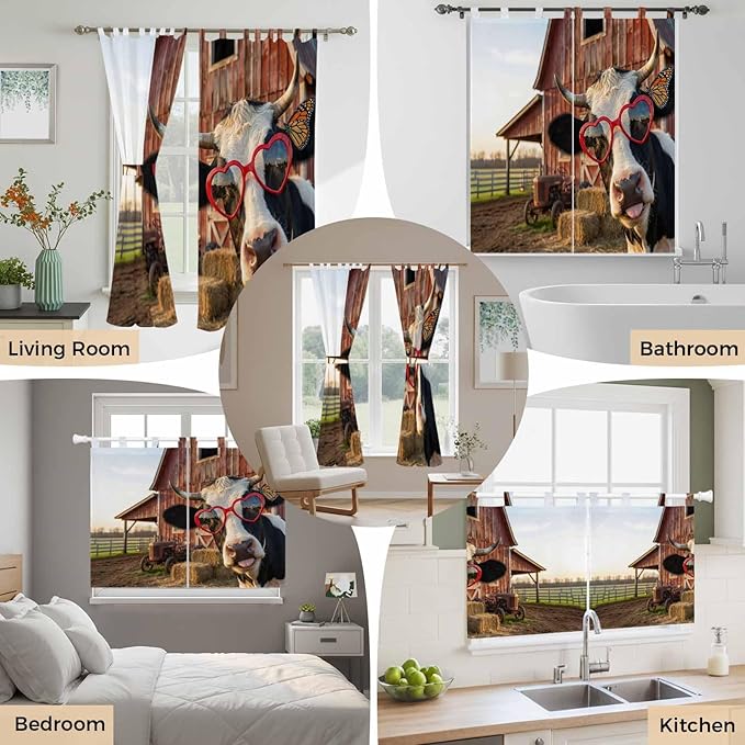 Farm Cows Living Room Curtains 84 Inch Length, Window Curtains Tab Top, Farmhouse Barn Funny Animals Butterfly Light Filtering Window Treatments Drapes 52"x84" 2 Panel