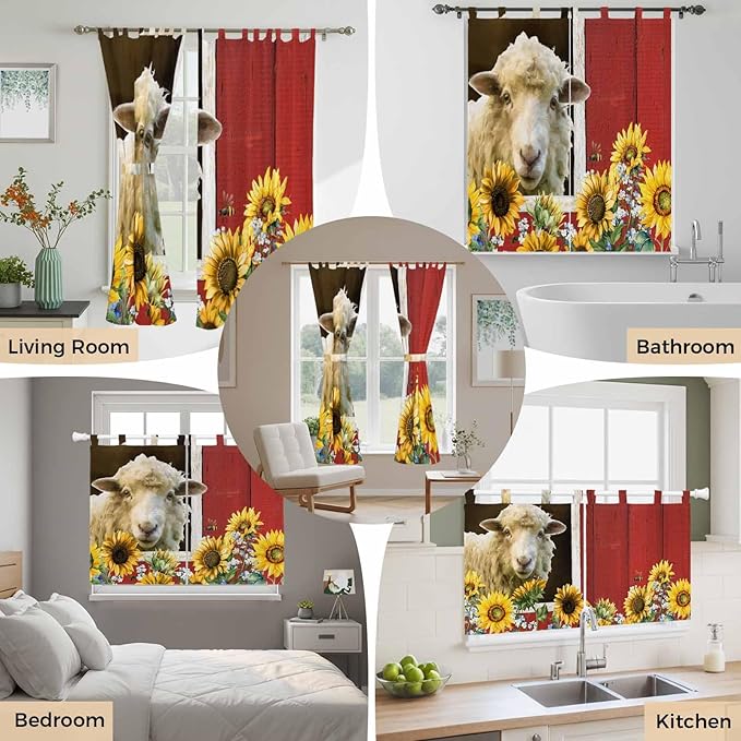 Sheep Flowers Kitchen Curtains 36 Inch Length, Small Window Curtains Tab Top, Country Red Barn Botanical Sunflowers Light Filtering Short Window Treatments Tier Drapes 27.5"x36" 2 Panel