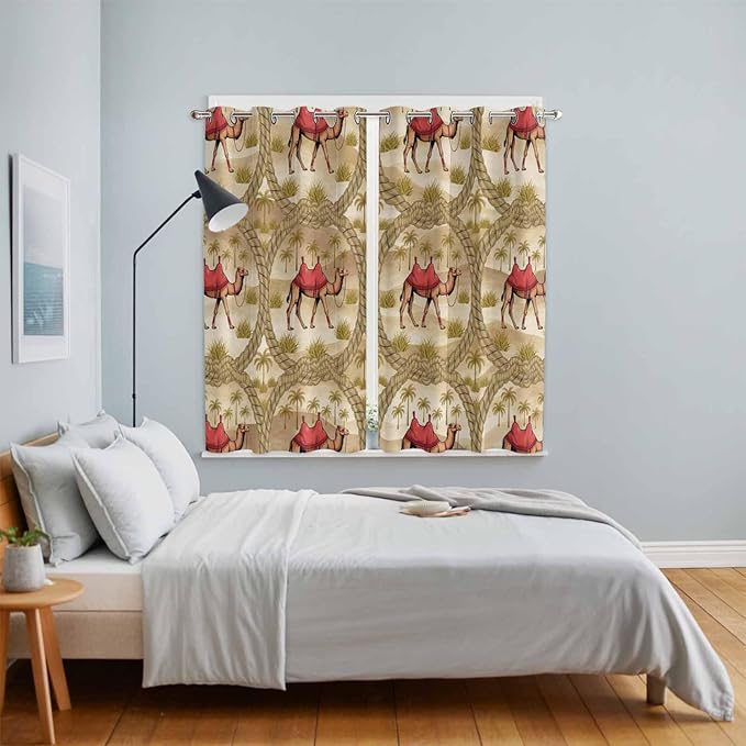 2 Panel Kitchen Cafe Curtains, Desert Camels Sunlight Filtering Nature Air Through, Home Decor Window Covering Tier Curtains for Living Room 80W x 63L inch Tropical Palm Trees Sand Cords Brown
