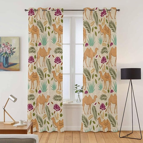 2 Panel Kitchen Cafe Curtains, Desert Camels Sunlight Filtering Nature Air Through, Home Decor Window Covering Tier Curtains for Living Room 80W x 84L inch Vintage Sand Animals Aloe Vera Leaves Beige